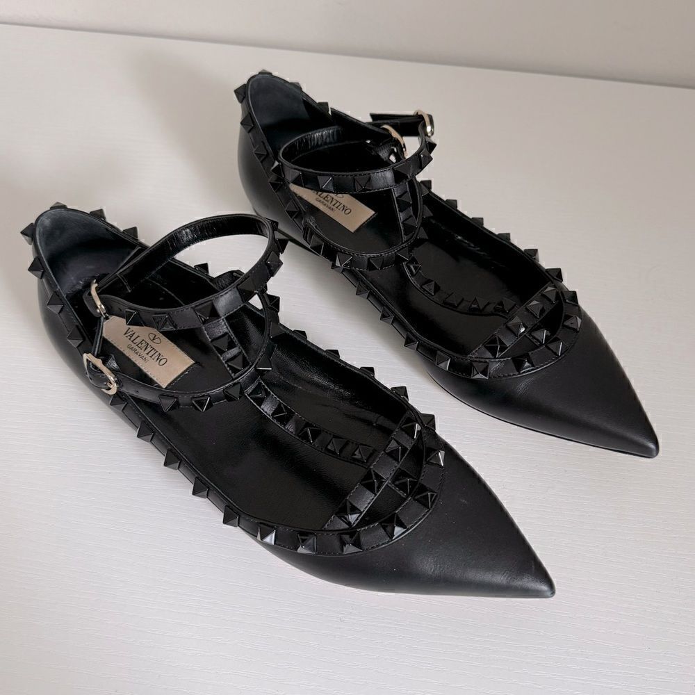 ⭕️ VALENTINO Rockstud Pointed Toe Ballet Flats Black 38.5 - Picture 4 of 8